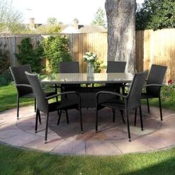 Albany Garden Rectangular Rattan Dining Set 6 Seater Grey Stackable