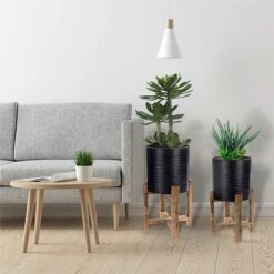 Idooka Metal Barrel Plant Pot Pair With Wooden Stands -Plants Sale FZ30005 PLANTERS.Black .Lifestyle