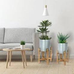Idooka Metal Barrel Plant Pot Pair With Wooden Stands -Plants Sale FZ30005 PLANTERS.Grey .Lifestyle