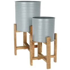 Idooka Metal Barrel Plant Pot Pair With Wooden Stands -Plants Sale FZ30005 PLANTERS.Grey .Main