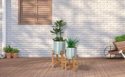 Idooka Metal Barrel Plant Pot Pair With Wooden Stands -Plants Sale FZ3000520 grey