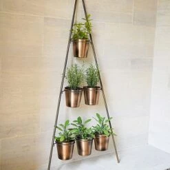 Outdoor Vertical Gold Metal Wall Plant Stand With Planters H128Cm W51Cm Planter Size Ext Diam 9Cm -Plants Sale OVWPS128 1
