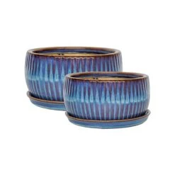 Sapphire Round Reactive Glaze Bonsai Planter Set Of 2