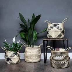 Seagrass Tribal Black Lined Basket Medium H30Cm D35Cm -Plants Sale STBB35 1